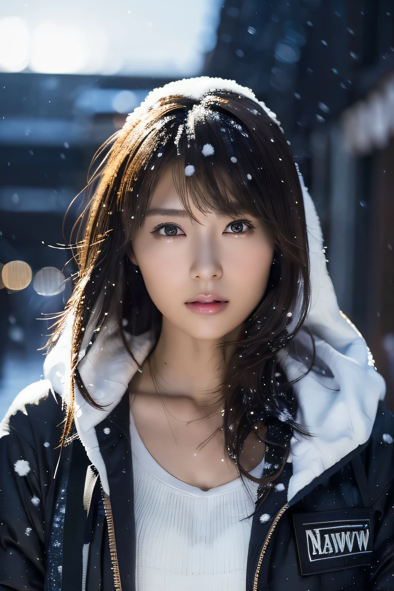 (masutepiece:1.2), ultra-detailliert, 超A high resolution, (Realistic, photo Realistic:1.37), high-definition RAW color photography, professional photograpy, extra detailed face, extremely detailed eye, highlydetailed skin, extremely detailed fingers, highly detailed nose, highly detail mouth, Perfect Anatomy, Highly detailed background, (a famous actress of Japan:1.2), (gals:1.3), (flat chest), Brown race, Dark skin, Very short cut hair, shadowy, hair messy, Full body, (Down jacket:1.2), White hoodie, during night, dark street view, (Snow in the sky:1.6), Background in the city, Hoodie on the head, Cinematic lighting, Denim pants,