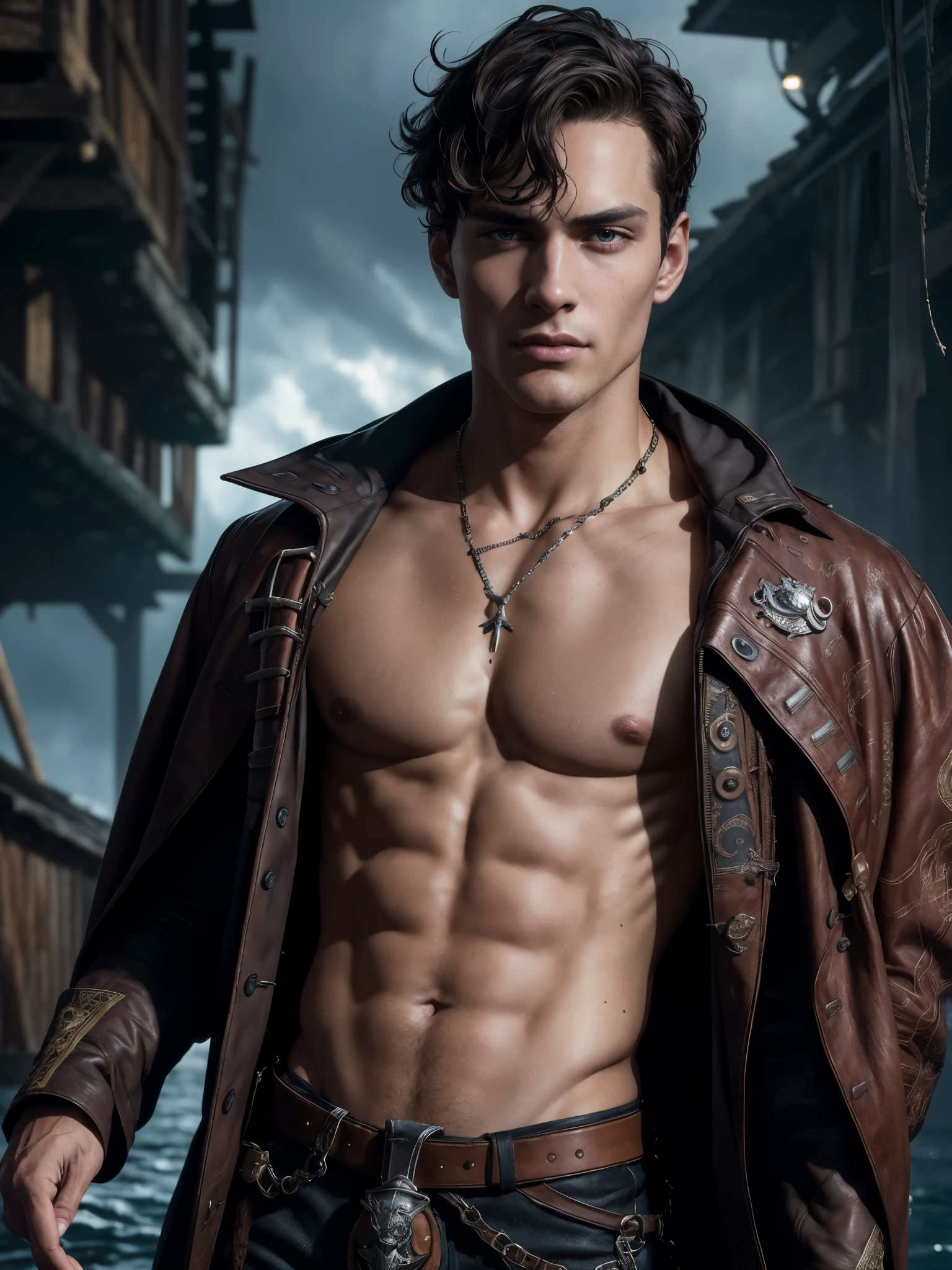 Default 18:12:30 ((masterpiece)),((bestquality)), full body shot, 35mm lense, 8k, high detailed, ultra-detailed, Stylish Pose, real skin texture, portrait of a 18 year old masculine male model, white pale skin, strong jaw line, young handsome man with a blue eyes, aquamarine eyes, messy short wavy brown hair, muscular, fit body, dark but detailed digital art, shirtless, long sleeve, pirate coat, pirate shit, ocean, night, detailed digital painting, detailed fanart, handsome guy, high detailed. digital painting, detailed portrait, inspired by Alexis Grimou, hyper detail portrait, , dark atmosphere, cinematic lighting, backlight, Depth of field, award-winning photography, elegant, hyperrealistic, high definition, 8k resolution, highly detailed, 8k uhd, professional lighting, photon mapping, physically-based rendering