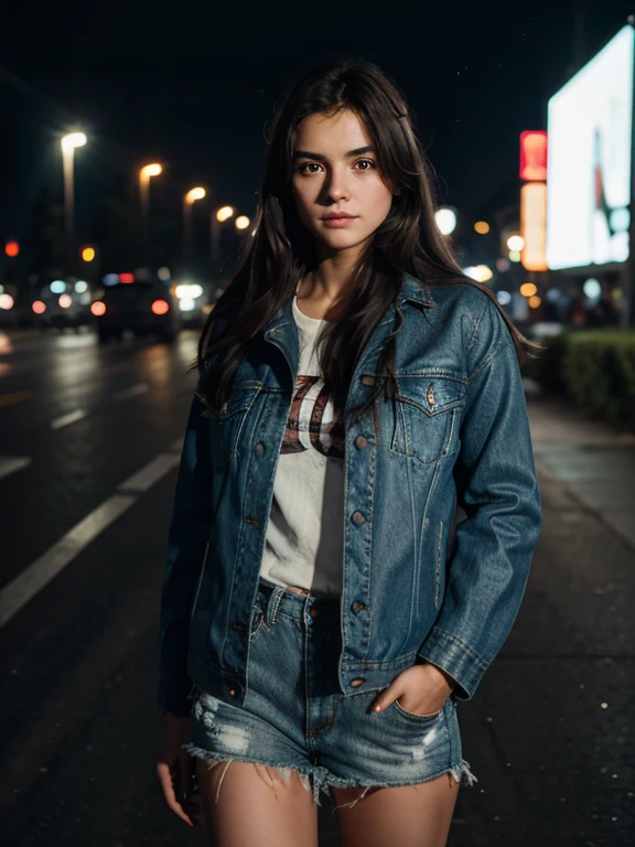 Masterpiece, best quality, 1 girl wearing levis jacket, 1 girl wearing lether jacket, hands go into pockets, standing of a busy highway at night.bokeh of vehicle lights,auto focused, ultra detail, hdr photography