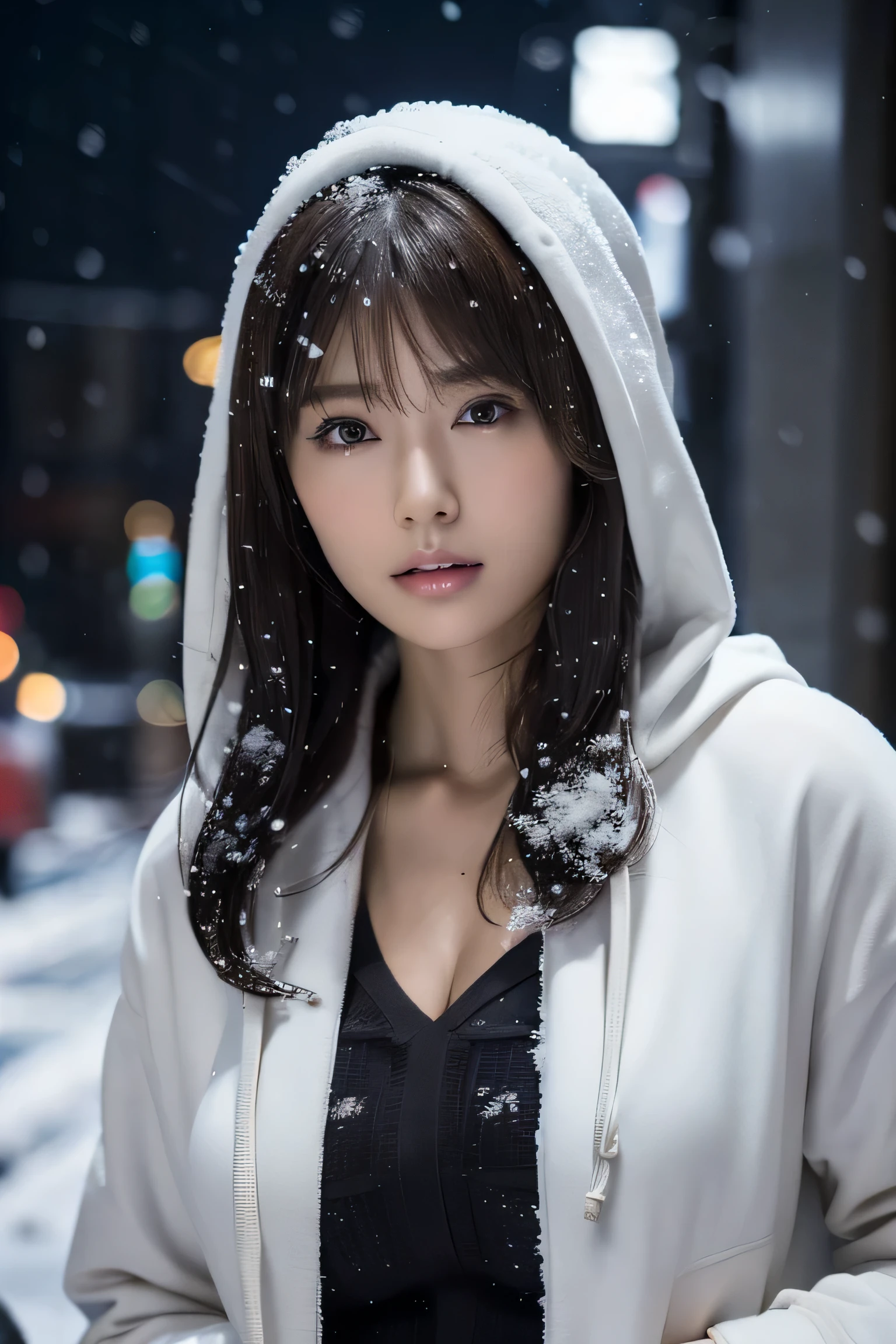 (masutepiece:1.2), ultra-detailliert, 超A high resolution, (Realistic, photo Realistic:1.37), high-definition RAW color photography, professional photograpy, extra detailed face, extremely detailed eye, highlydetailed skin, extremely detailed fingers, highly detailed nose, highly detail mouth, Perfect Anatomy, Highly detailed background, (a famous actress of Japan:1.2), (gals:1.3), (flat chest), Brown race, Dark skin, Very short cut hair, shadowy, hair messy, Full body, (Down jacket:1.2), White hoodie, during night, dark street view, (Snow in the sky:1.6), Background in the city, Hoodie on the head, Cinematic lighting, Denim pants,