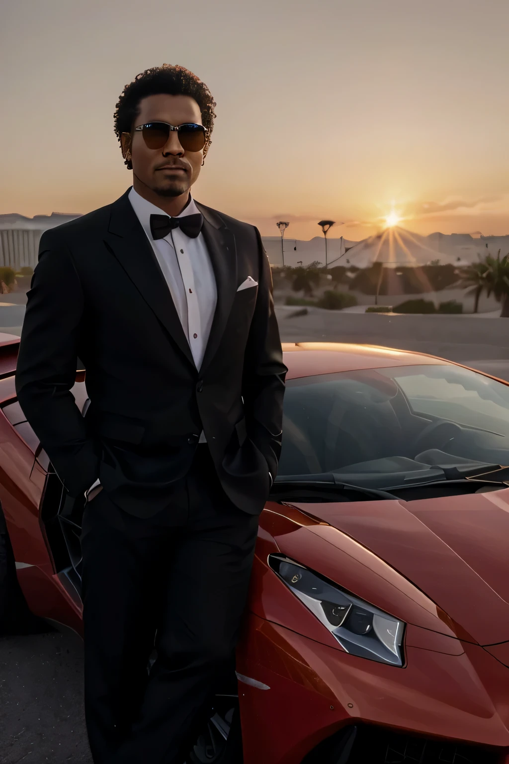 homem afro, com rosto sem barba, sunglasses and formal hair, wearing a suit and posing next to a red Lamborghini facing the sunset in Las Vegas