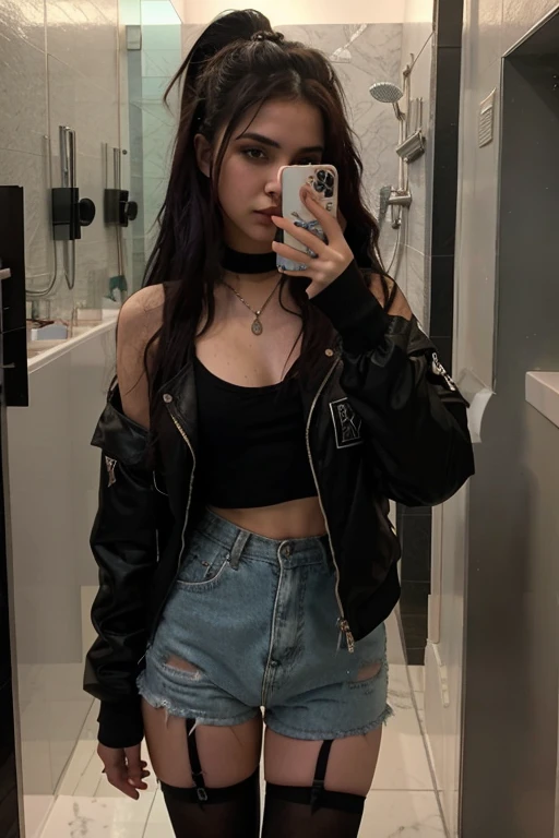 There is a woman taking a selfie in a public bathroom, mall goth, in the bath, Ella lleva ropa de calle, grunge aesthetic, 18 years old, selfie en espejo, hermosa poarch, in a bathroom, 1 6 years, goth girl aesthetic, Ambiente cyberpunk, vibrant aesthetic, Cerveza Soft Devil Queen Madison, De pie frente a un espejo, estudiante, Mix of aesthetics