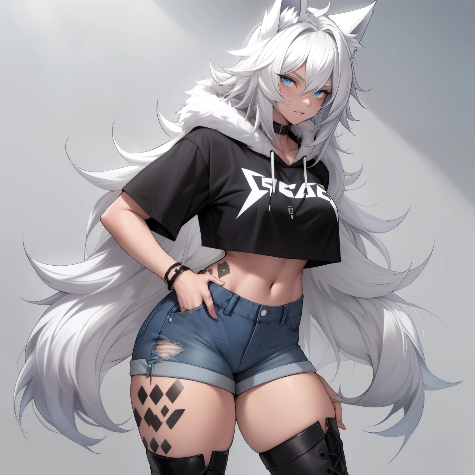 Single boy, Anime Femboy, Short, Long white hair, wolf ears, wolf tail, blue eyes, wearing short denim shorts, thigh high fishnets, black combat boots,wearing cropped fur lined hoodie, flat chest, super flat chest, wearing cropped t-shirt, solo femboy, only one femboy ((FLAT CHEST)) solo, alone, (SOLO)(ALONE) thicc thighs, wide hips, blue eyes, perfect eyes, perfect face, pouty lips, happy, curvy, sparkly blue eyes