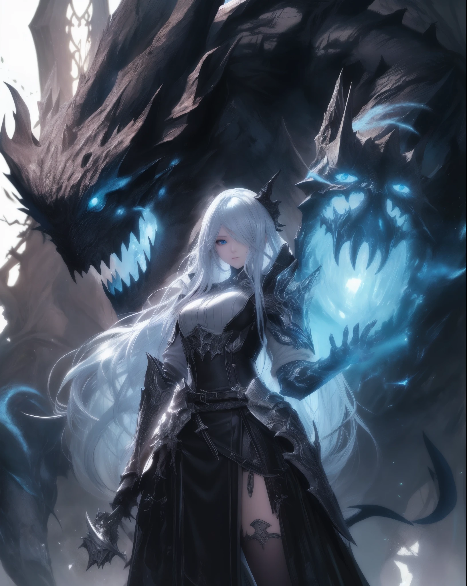 anime, black, white, blue, dragon, girl, fantasy, art, fantasy art, fantasy, fantasy, fantasy, fantasy art, epic fantasy art style hd, detailed fantasy art, anime fantasy artwork, epic fantasy art style, dark fantasy style art, 2. 5 d cgi anime fantasy artwork, epic anime fantasy, anime fantasy illustration, dark fantasy artwork