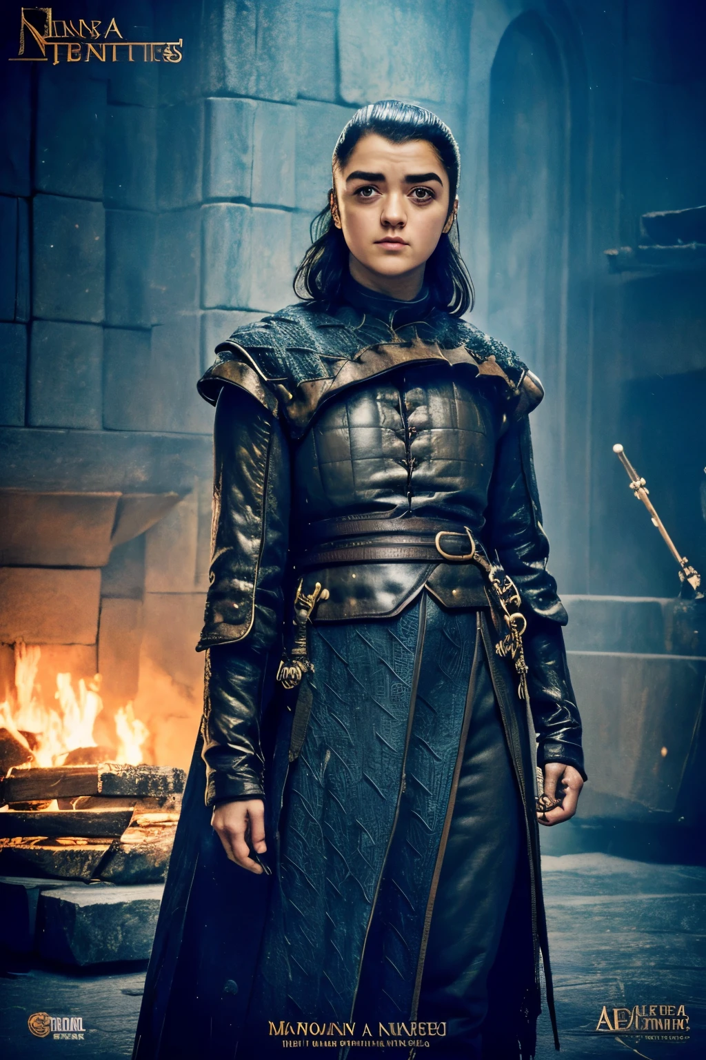 cinematic poster, Arte centrada, 1 girl, solo, ((sozinho)), (((only one character))),  Arya Stark, Rosto de Maisie Williams, rosto de Arya Stark, fantasia de arya stark, Roupas de Arya Stark, A Guerra dos Tronos,,  Game of Thrones, Gothic colors, climate of tension and terror, Adobe Illustration, trending on ArtStation, 8k, disco Rigido , master part, arte linda, detalhes intrincados.