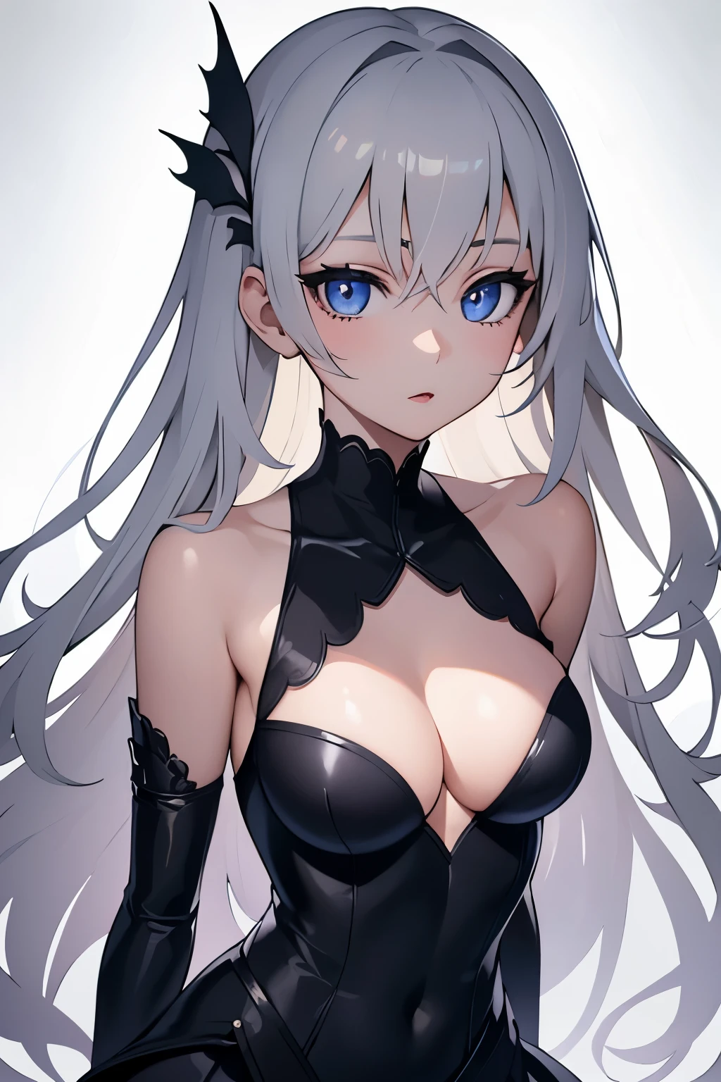 1girl, anime, cute girl, blank background, white background, fantasy, detailed dark fantasy dress with highlights, beautiful face, beautiful eyes, dark colors, silver hair, slightly small breasts, slight cleavage, beautiful skin, cute, breast curtains, extremely delicate and beautiful, (beautiful detailed face:1.0), (detailed deep eyes), symmetrical breasts, deep eyes, shiny skin, portrait, slender waist, hips wider than shoulders, thighs, young girl, expressionless