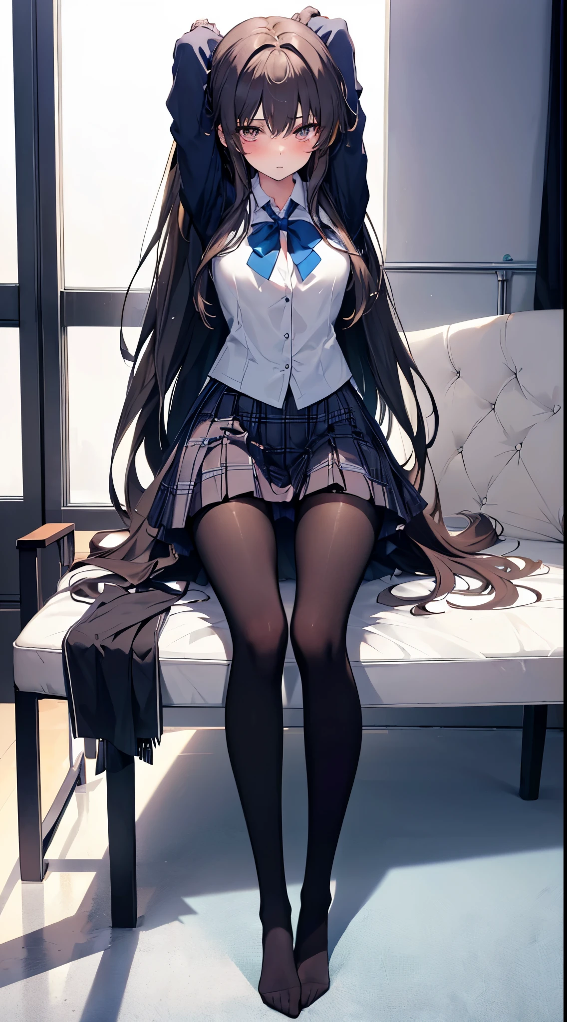 Finest, masterpiece, high definition, (full body), frontal, symmetrical, mature high school girl, solo, (full body from head to toe), small breasts, long hair, slightly messy hair, (black tights), ( (black pantyhose), black pantyhose, (composition where she is made to sit and lift her legs and make her legs open), (bound arms, arms behind back), (bound body), composition showing white panties, slender beautiful legs, a very beautiful (not wearing shoes) legs), blushing, shy big eyes, messy hair, looking at camera, showing white panties, white frilly lingerie, high school uniform blazer, high school uniform White blouse, high school uniform with blue ribbon, high school uniform with short plaid pattern and navy pleated skirt