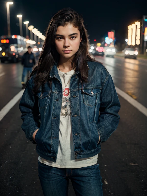 Masterpiece, best quality, 1 girl wearing levis jacket, and a boy wearing lether jacket, hands go into pockets, standing of a busy highway at night.bokeh of vehicle lights,auto focused, ultra detail, hdr photography