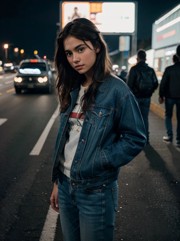 Masterpiece, best quality, 1 girl wearing levis jacket, and a boy wearing lether jacket, hands go into pockets, standing of a busy highway at night.bokeh of vehicle lights,auto focused, ultra detail, hdr photography