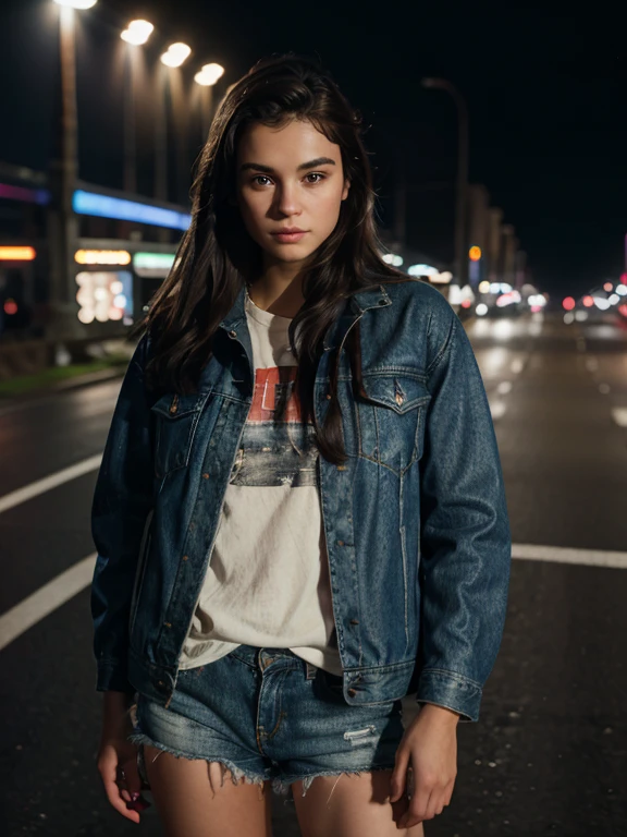 Masterpiece, best quality, 1 girl wearing levis jacket, and a boy wearing lether jacket, hands go into pockets, standing of a busy highway at night.bokeh of vehicle lights,auto focused, ultra detail, hdr photography