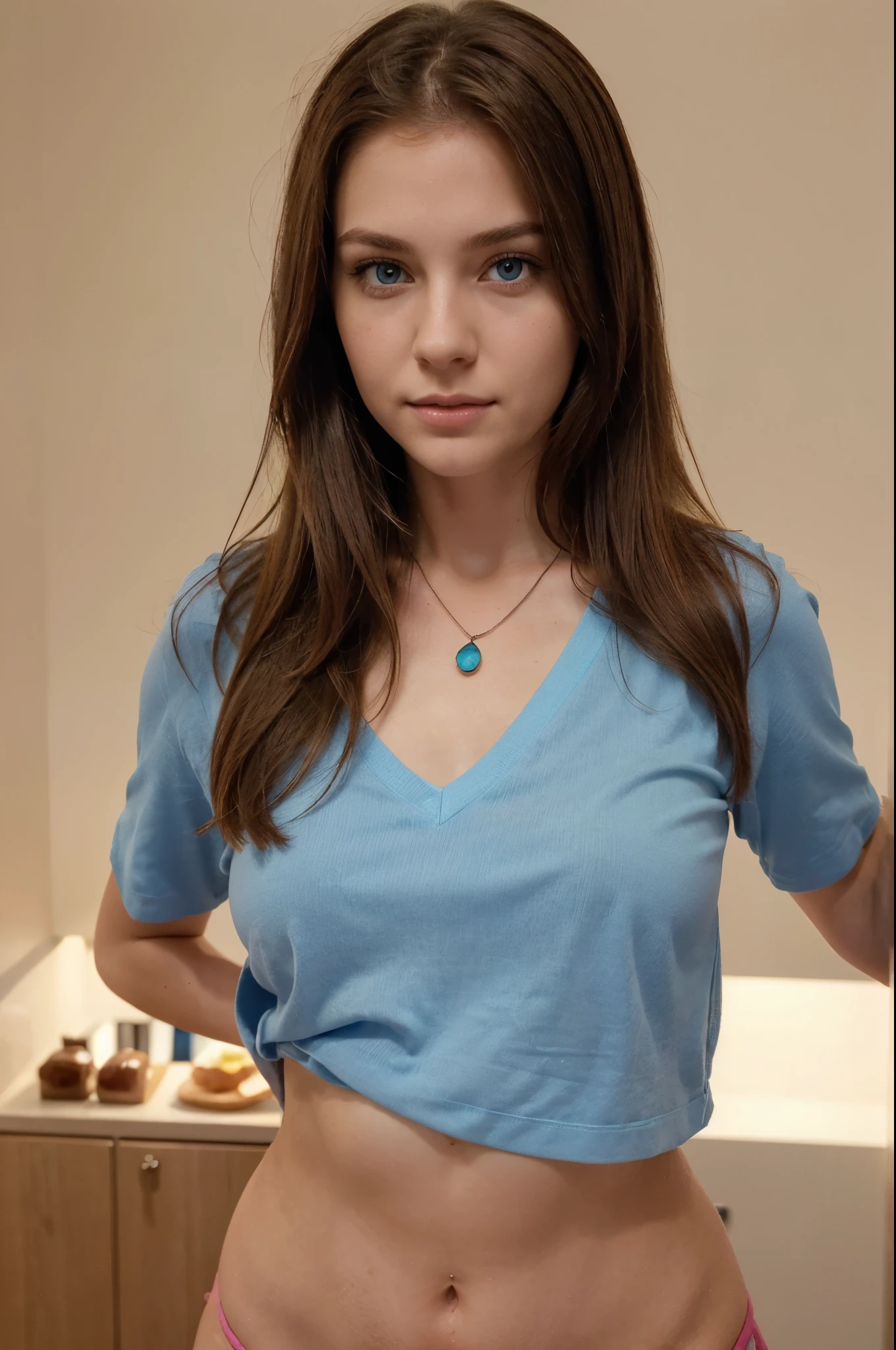 (Please generate an image of a young woman wearing a shirt and necklace. She has brown hair, bigger, eBlue eyes, and a subtle, natural makeup. The photo should show that she has no obvious makeup, She should look directly into the camera. The face should look real and natural. Full body shots of this attractive woman should feature eye-catching poses, She has sharp blue eyes. The girl has a sweet temperament, And the posture should be sweet too. Please make sure the woman&#39;s entire body is visible in the image. The background should be clear、Neatness. The details of the image should be of high quality(Best quality at best)), ((tmasterpiece)), (Hairless genital area and .pink vagina), s the perfect face pink vagina butterfly