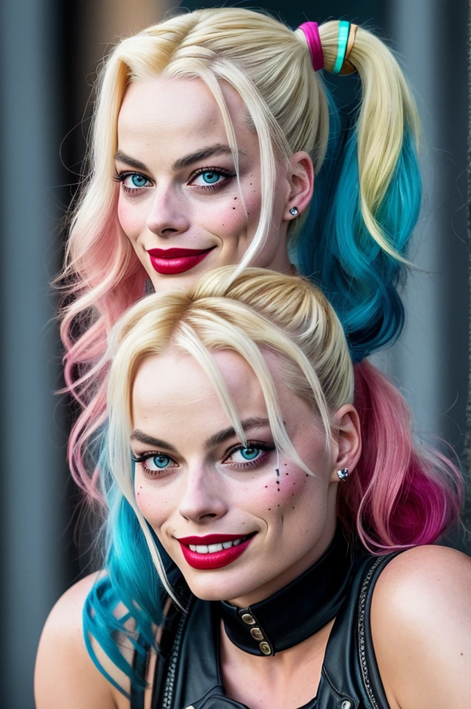 Margot Robbie als Harley Quinn in Suicide Squad, full entire body, Weiches Lichting, Dynamischer Winkel, Realistische Beleuchtung, Foto von Robert Adams, (natural skin texture, Hyperrealismus, Weiches Licht, scharf: 1.2), (Komplizierte Details: 1.12), HDR-Meisterwerk, best quality, (Sehr detailliertes Foto: 1.1), 8K, fotorealistisch, (SFW)