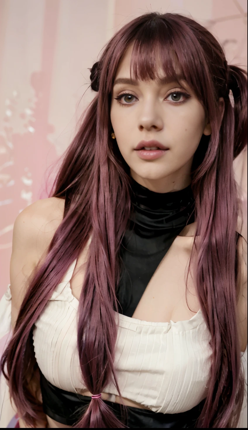 woman long slim face with magenta pink eyes and really pale skin and really long magenta hair in side twintails long hime fringe swooped side bang and a pink tube crop top and a black tight mini skirt and black platform heels