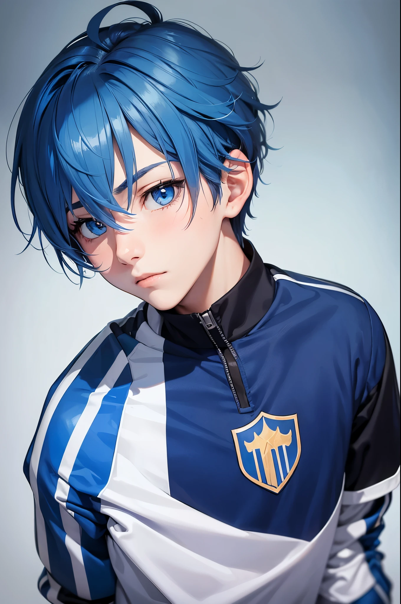 (1boy,masculino),soccer uniform ,blue hair , blue eyes