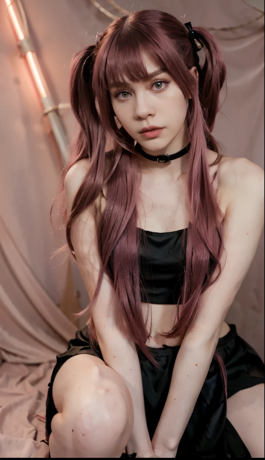 woman long slim face with magenta pink eyes and really pale skin and really long magenta hair in side twintails long hime fringe swooped side bang and a pink tube crop top and a black tight mini skirt and black platform heels