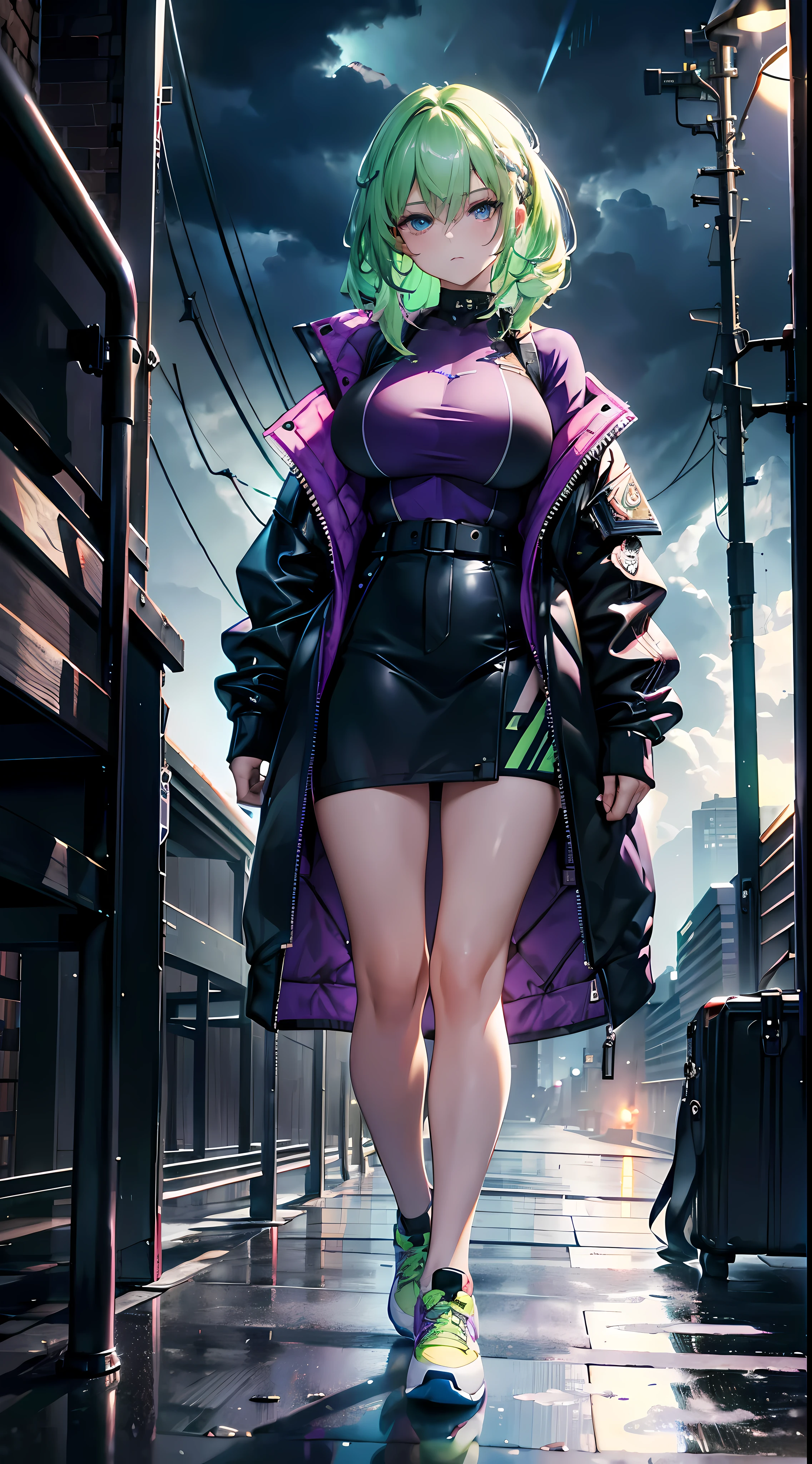 Girls have big breasts, (20yr old), ((A yellow-haired)), ((Dark purple jacket)),, (light green shoes), (There&#39;s lightning on her head), (under dark clouds), (Thunderstorm weather), (Best quality at best, 4K, 8K, A high resolution, tmasterpiece:1.2), ultra - detailed, (actual, photoactual, photo-actual:1.37), HighDynamicRange, hyper HD, Studio lighting, Vivid colors).