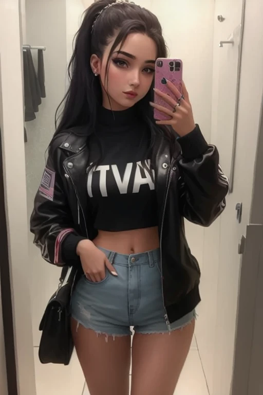 There is a woman taking a selfie in a public bathroom, mall goth, in the bath, Ella lleva ropa de calle, grunge aesthetic, 18 years old, selfie en espejo, hermosa poarch, in a bathroom, 1 6 years, goth girl aesthetic, Ambiente cyberpunk, vibrant aesthetic, Cerveza Soft Devil Queen Madison, De pie frente a un espejo, estudiante, Mix of aesthetics