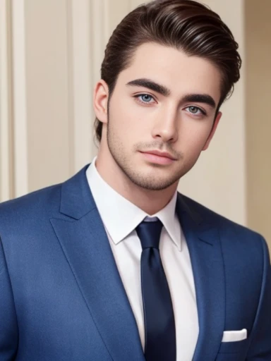 Handsome boy, brunet, pale skin, thick brows, suits, wealthy, fit, blue eyes, 25 years old, facial hair