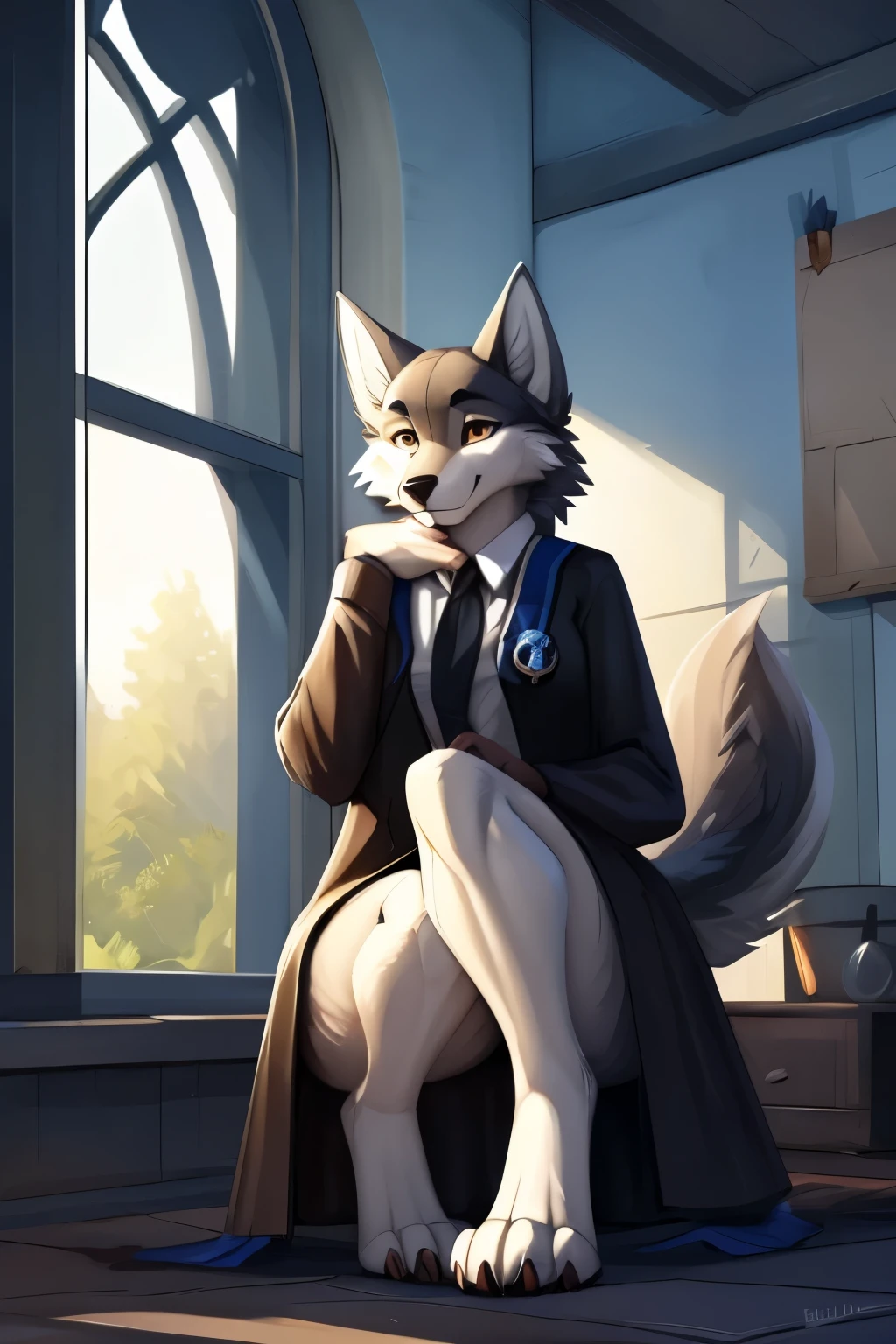 (wolf:1.4), ((anthro)), (female), ((furry)), (detailed fur:1.4), NSFW, hogsks, (photo-realistic), hogwarts, harry potter, (((ravenclaw))), blue scarf, black robe with blue trim, uploaded on e621, by Pixelsketcher, by Bayard Wu, ((by hioshiru)), by Einshelm, by sefeiren, solo, digitigrade, girl, buttoned shirt, white shirt, blue necktie, bottomless, grey fur, classroom, castle, looking up at viewer, sitting on table, ((knees together)), white stockings