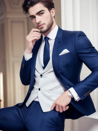 Handsome boy, brunet, pale skin, thick brows, suits, wealthy, fit, blue eyes, 25 years old,  facial hair