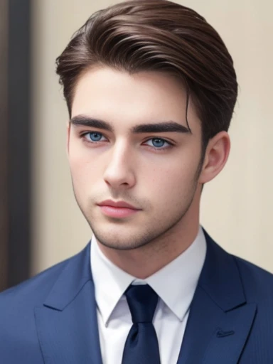 Handsome boy, brunet, pale skin, thick brows, suits, wealthy, fit, blue eyes, 25 years old,  facial hair