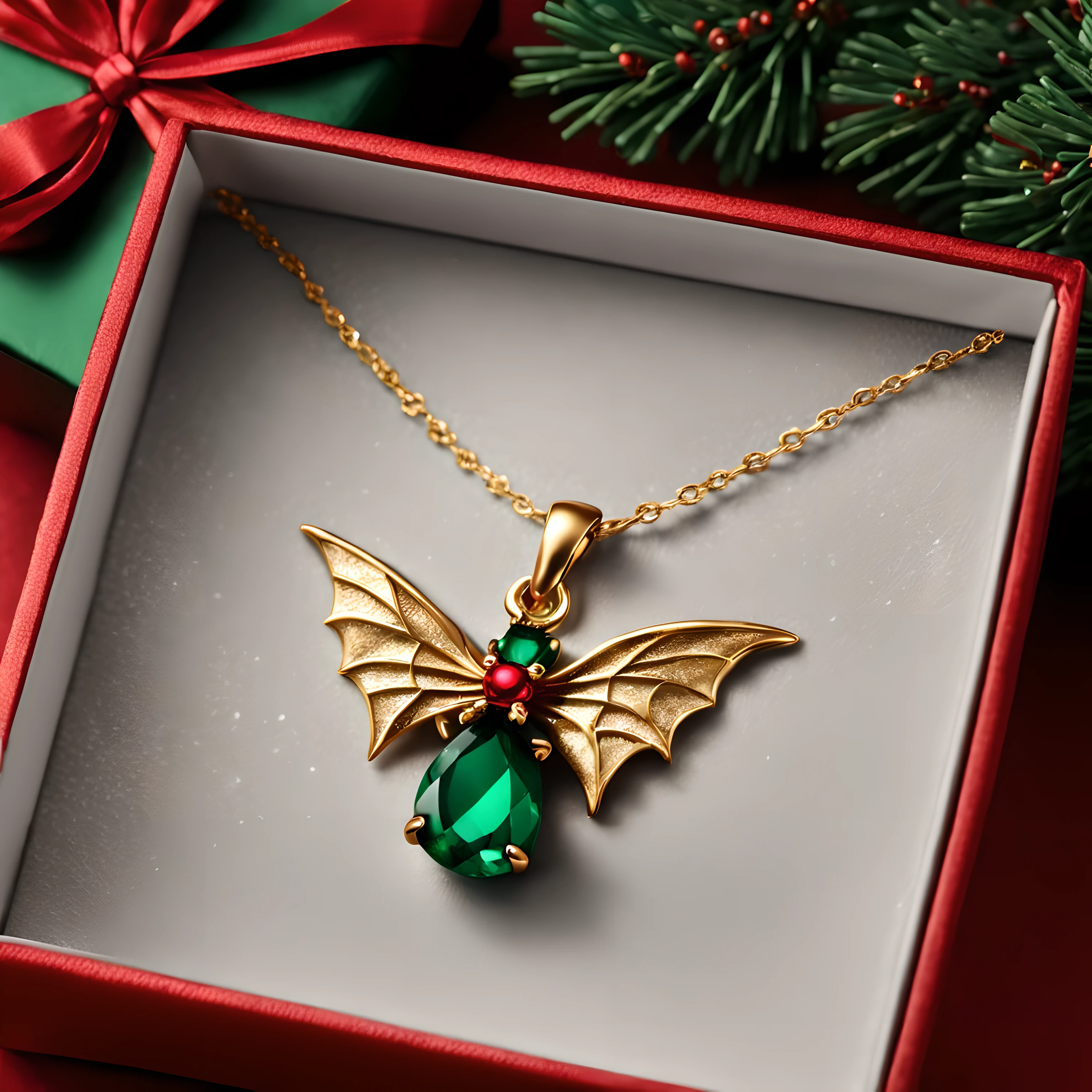 Masterpiece in maximum 16K resolution. | A close up of a delicate silver necklace nestled inside a small open Christmas box. | The box has festive red and green wrapping paper, and a shiny golden bow carefully tied around it. | The necklace features a sparkling pendant, reminiscent of a bat, with an emerald in the center, catching the light and adding a touch of gothic elegance to the scene. | Boughs of holly around the box. | More_Detail