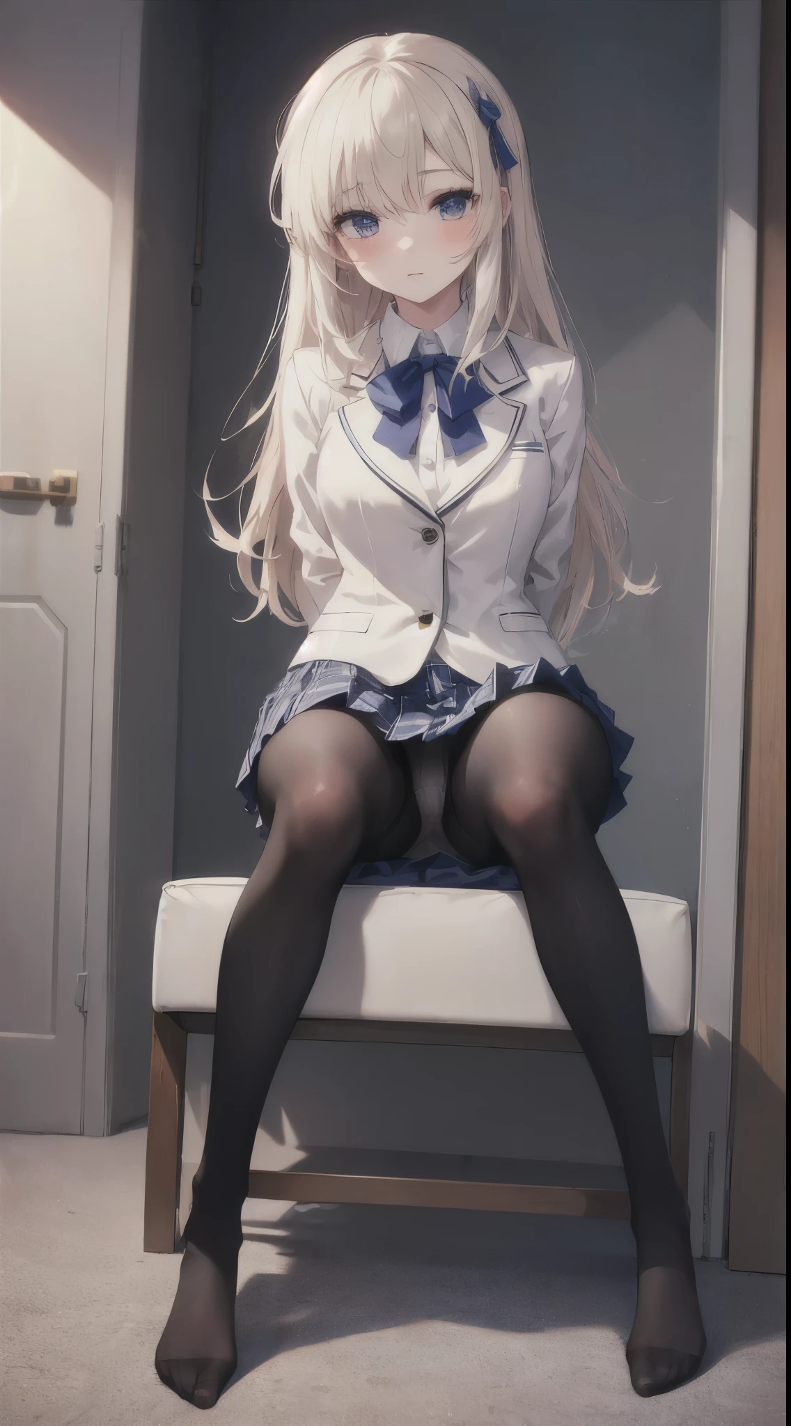 Finest, masterpiece, high definition, (full body), frontal, symmetrical, mature high school girl, solo, (full body from head to toe), small breasts, long hair, slightly messy hair, (black tights), ( (black pantyhose), black pantyhose, (composition where she is made to sit and lift her legs and make her legs open), (bound arms, arms behind back), composition showing white panties, slender beautiful legs, a very beautiful (not wearing shoes) legs), blushing, shy big eyes, messy hair, looking at camera, showing white panties, white frilly lingerie, high school uniform blazer, high school uniform White blouse, high school uniform with blue ribbon, high school uniform with short plaid pattern and navy pleated skirt