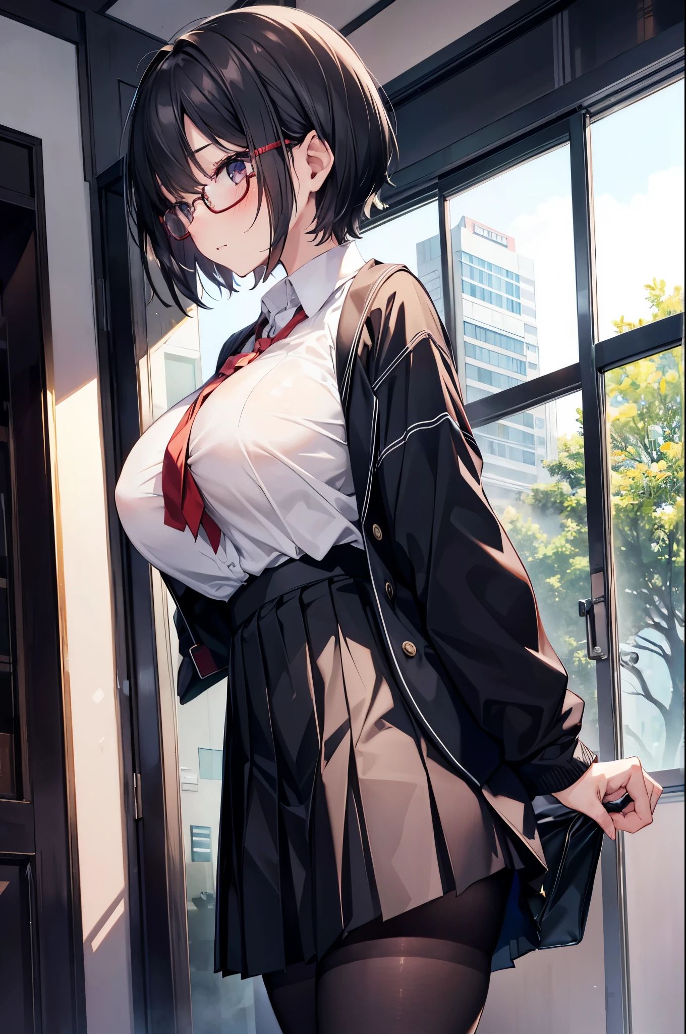 1 Japanese girl, glasses, blush, angle from the side, (slim body:1.2), (huge breasts:1.1), short hair, black hair, school uniform, white long sleeve shirt, pleated skirt, (black tights:1.1),