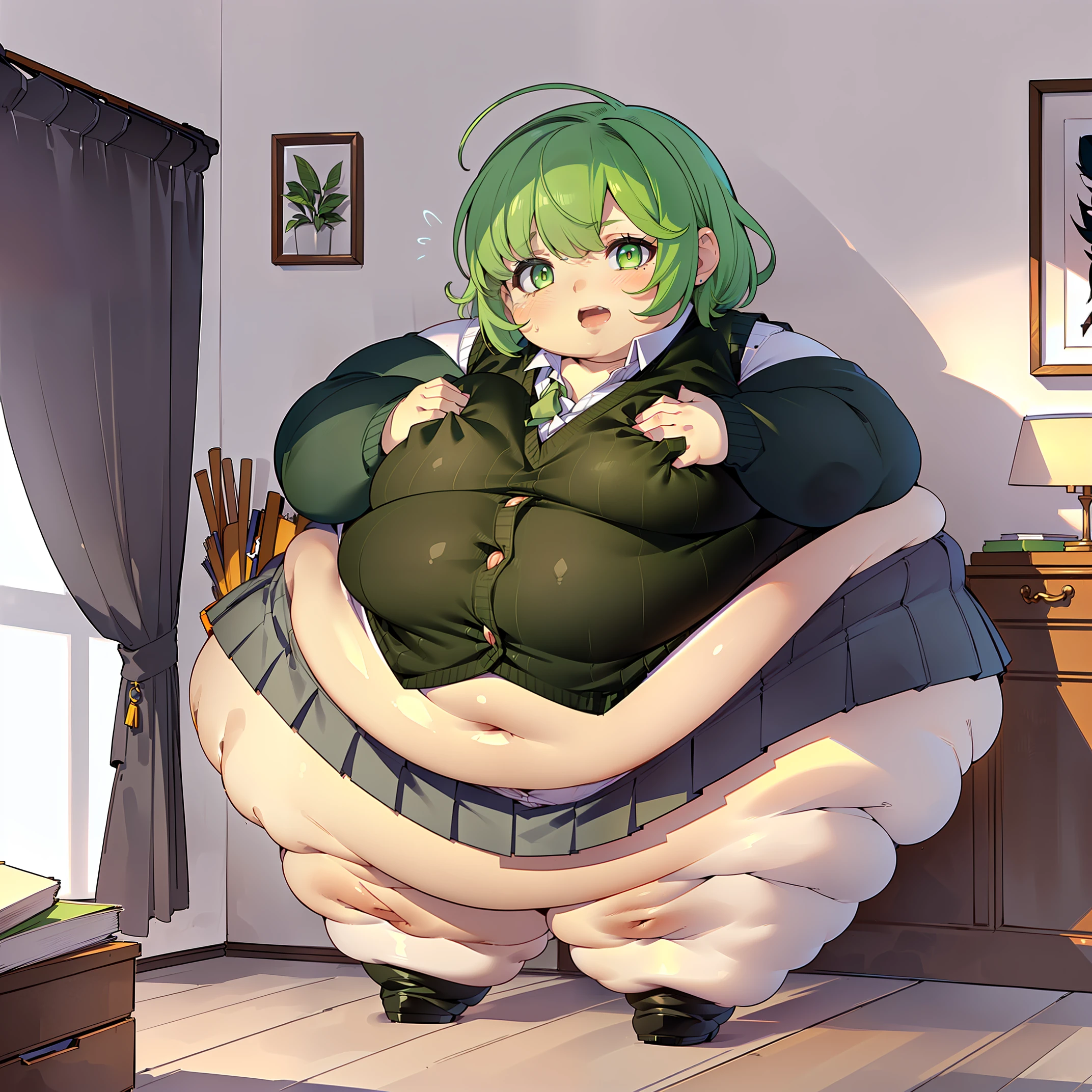 (((baby cute little))), (((white shirt, sweater vest, black vest, short skirt))), ((green hair)), (((beautiful green eyes))), ((chubby)), (((obese))), ((fat face)), (((big belly))), (((open mouth))), fat wide thighs, belly, (((tender pose ))), (((in a room))), detailed background, ((full body image)), (((both hands on breasts))), (((perfect fat belly))),