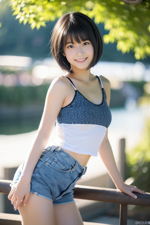 A girl with short blue hair is smiling under the summer sun. She is wearing a casual white T-shirt and denim shorts, giving off a cheerful and bright impression. In the background, the blue sky and green trees contrast beautifully with the color of her hair.