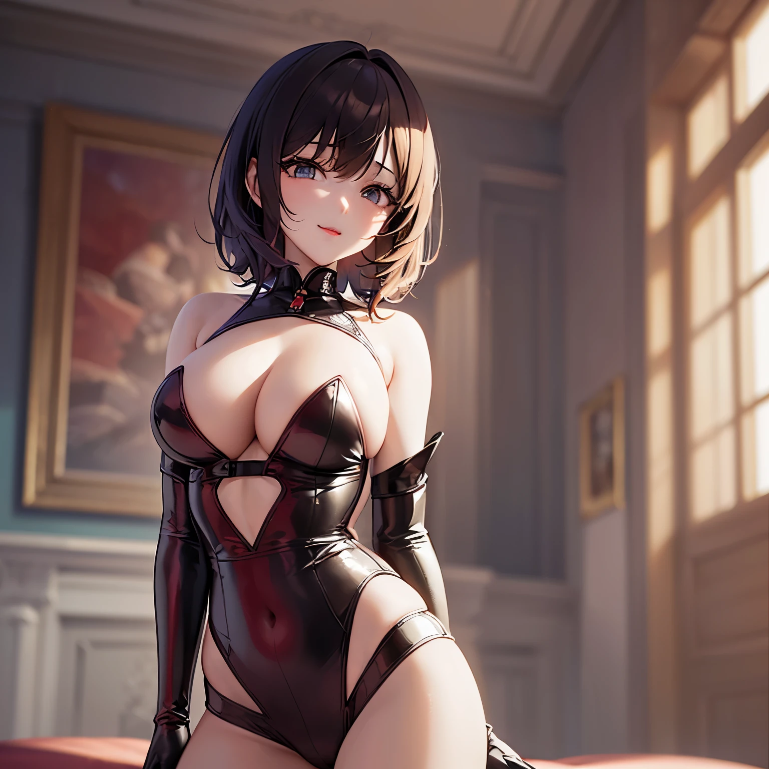 ((Raw photography,top-quality,hight resolution,Ray tracing,nffsw,Best Quality,Post-processing,portlate.3D,PureErosFace_V1:0.7,),(( Shiny dark red leather bondage outfit,golden luxury embroidery,Dark red BDSM,mistress,Bold figure,)))((((short hair hair,Emphasize cleavage,huge tit:4.0,Thin leg,Otto&#39;s eye,Elaborate depiction of limbs,a small nose,Have a perfect body,sleeveless,)))),((tthin eyebrows,long eyelashes,smil,二重まぶた,Vibrant eyes，looking down on viewers,red lipsticks,)),Create beautiful light effects on the background,Light Particle Filter,(finerly detailed face:1.3),chies