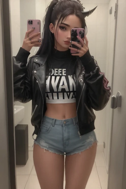 There is a woman taking a selfie in a public bathroom, mall goth, in the bath, Ella lleva ropa de calle, grunge aesthetic, 18 years old, selfie en espejo, hermosa poarch, in a bathroom, 1 6 years, goth girl aesthetic, Ambiente cyberpunk, vibrant aesthetic, Cerveza Soft Devil Queen Madison, De pie frente a un espejo, estudiante, Mix of aesthetics