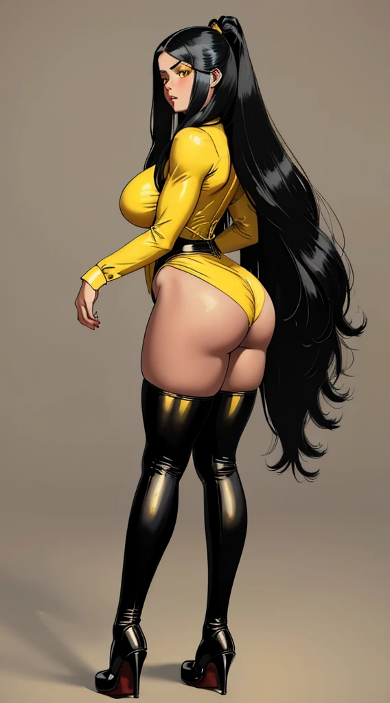 oil painting, 1girl, yellow eyes, latina, very long black hair, muscular, tall, wide hips, solo, thick thighs, large breasts, 1910s minidresrom below, from side, from back, dutch angle), flat colors only, hard brush rendering, lighting from above