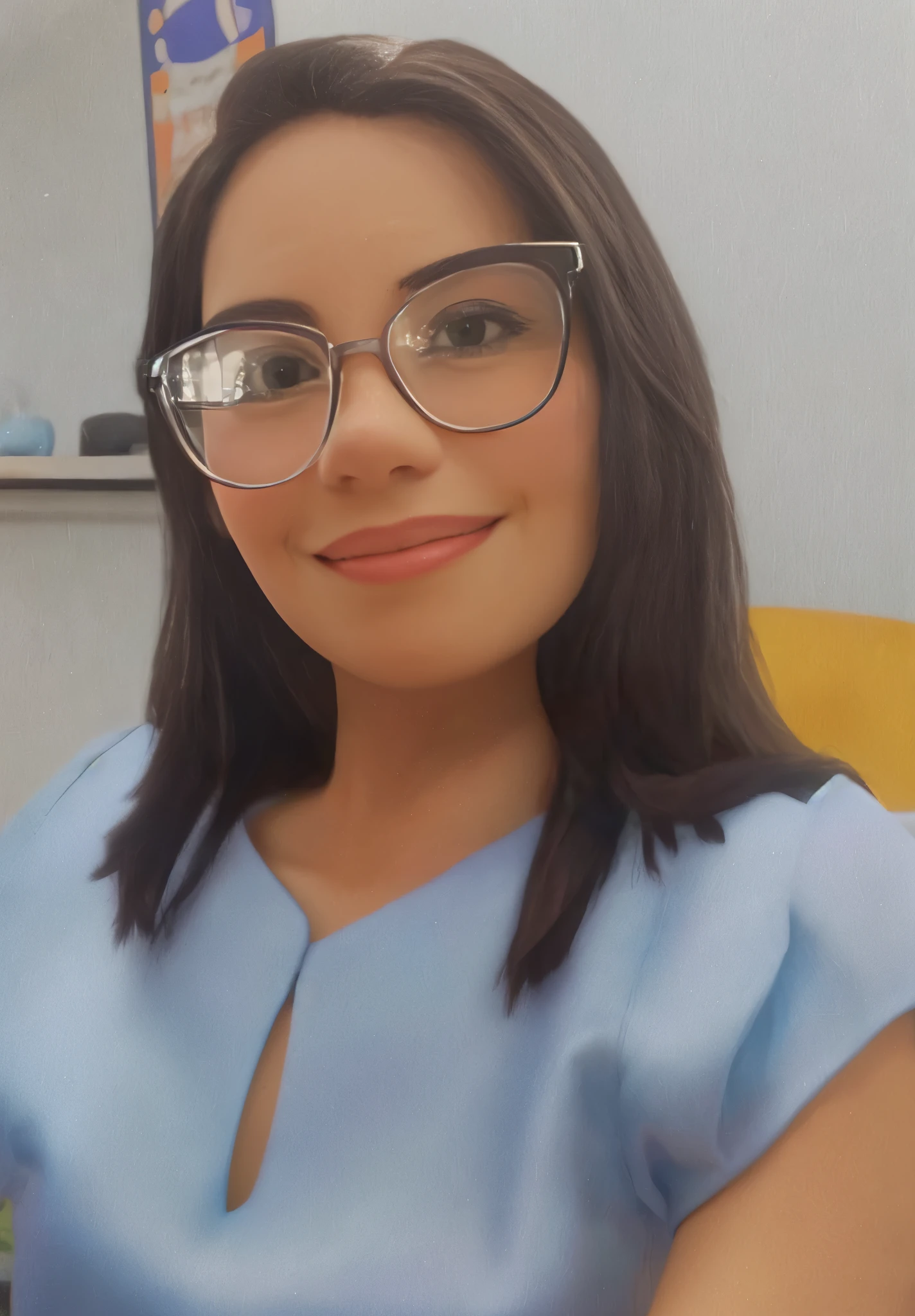 half aged woman; short straight dark brown hair; glasses; smiling with your mouth closed; blue blouse, disney pixar cartoon model