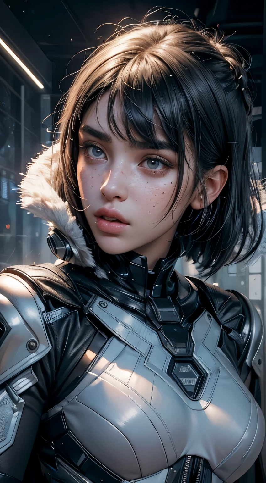 3d render, cgi, symetrical, octane render, 35mm, intricate details, hdr, intricate details, hyperdetailed, natural skin texture, hyperrealism, sharp, dua lipa, grey eyes
1 girl, woman, portrait, freckles, looking at viewer, solo, half shot, detailed background, close up, grey eyes, white short hair, detailed face, futuristic shining digital cobalt armor, hexagonal pattern, cape, high-tech, robotics, high-tech (mask:0.9), head-up display, epic starry outer space in background, sparks, electricity, screens, cinematic atmosphere,
nardack,