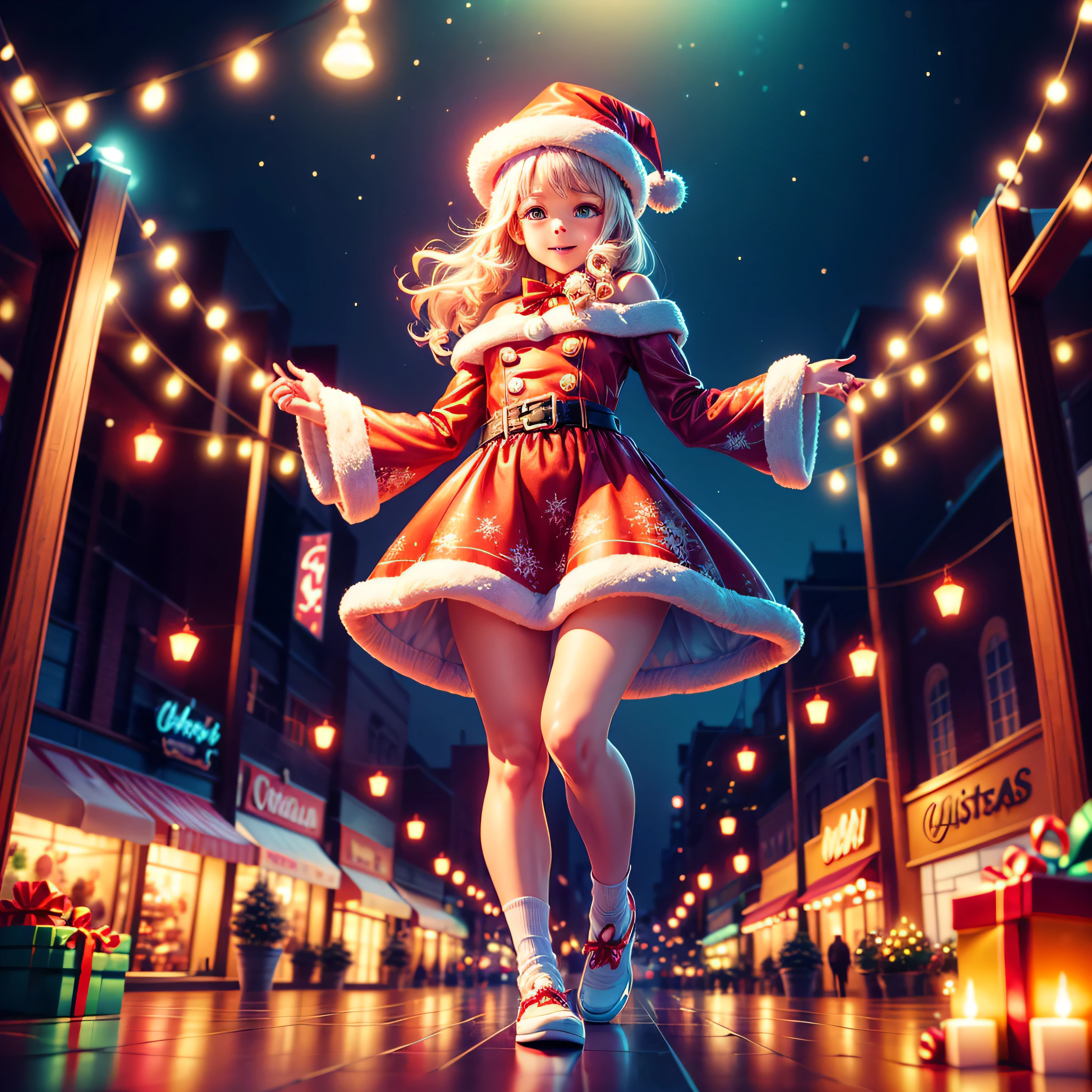 "((Masterpiece), (best quality), (ultra-detailed), (full length: 1.5) Teenage girl dressed in a beautiful modern Christmas dress, Santa hat, on a Christmas themed street filled with gifts. Appearance charming, happy expression, medium height. Clothing: elegant and modern Christmas dress, Santa hat. Background: street decorated with lights, Christmas trees, gifts wrapped in shiny paper. Festive and cozy atmosphere." --auto --s2