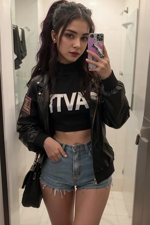 There is a woman taking a selfie in a public bathroom, mall goth, in the bath, Ella lleva ropa de calle, grunge aesthetic, 18 years old, selfie en espejo, hermosa poarch, in a bathroom, 1 6 years, goth girl aesthetic, Ambiente cyberpunk, vibrant aesthetic, Cerveza Soft Devil Queen Madison, De pie frente a un espejo, estudiante, Mix of aesthetics
