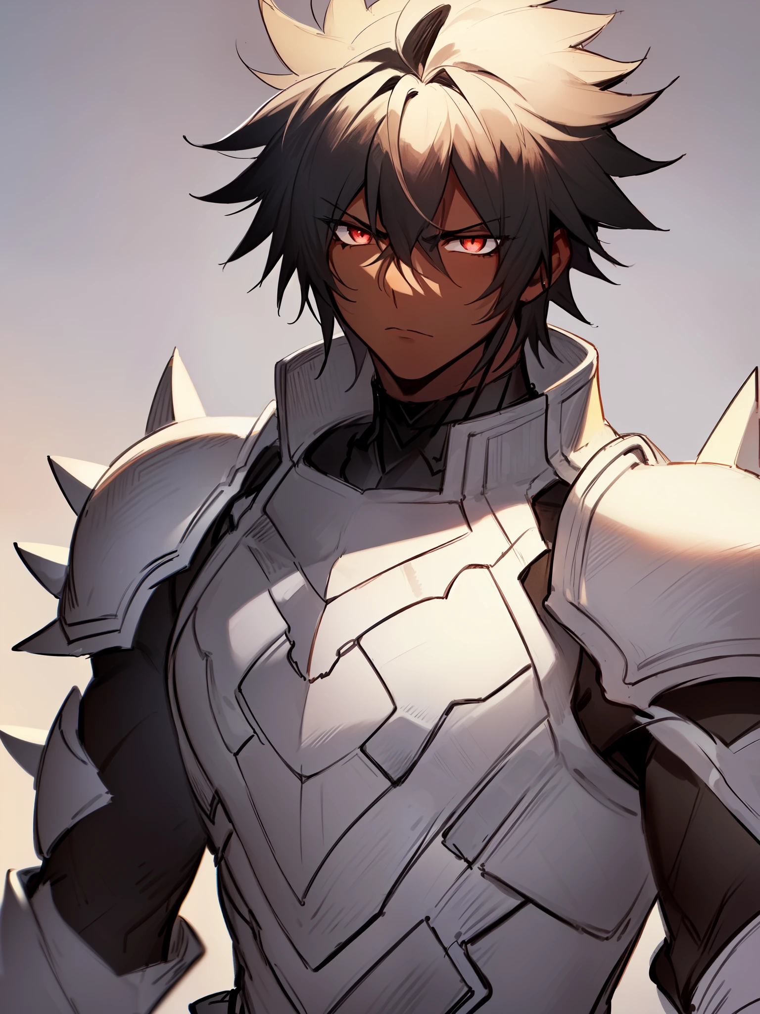 ((black hair)), ((complementary colors)), ((serious expression)), ((dark skin)), ((dark armor)), ((mature male)), 1boy, beautifully drawn, high resolution illustration, best quality, High definition, ((detailed anime sketch)), Masterpiece, (solo), absurdres, portrait, ((upper body)), ((close-up)), ((spiked hair)), detailed background, fine detail, male focus, HDR, ((short hair)), ((crimson eyes)),