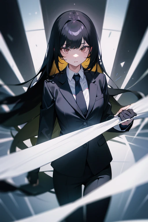 1girl, long black hair, white eyes, wearing business suit, high res, ultrasharp, 8K, masterpiece, looking at viewer, absurdres