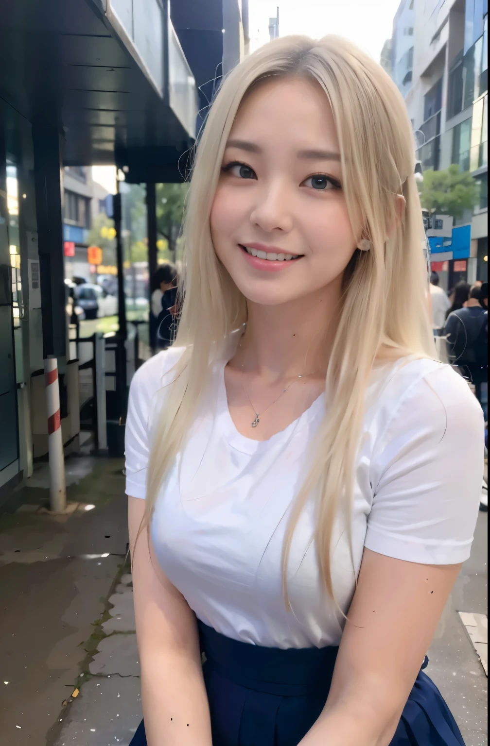 (8k, RAW photo, best quality, mastery:1.3), (realistic, photo-realistic:1.37), (looking viewer:1.331), (white hair), posing, Tokyo street, nightcityscape, cyberpunk city, soft light, 1girl, extremely beautiful face , Perfect body proportions, (small face: 1.1), bust, casual hairstyle, smile, big eyes, (short sleeves JK_shirt), JK_style, (navy JK_skirt), (bow JK_tie), mix4, detailed eyes