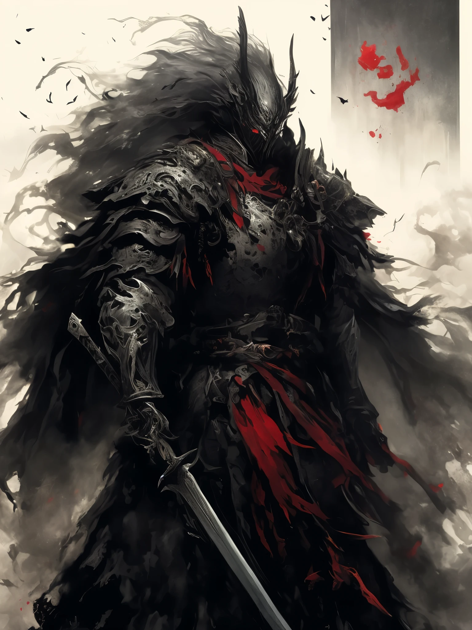 a close up of a person with a sword in a painting, evil knight, blood knight, gothic knight, demon samurai, by Yang J, inspired by Kanō Hōgai, demon samurai warrior, benedick bana, dark fantasy style art, black and red armor, traditional japanese concept art, jin - roh, sekiro in bloodborne world