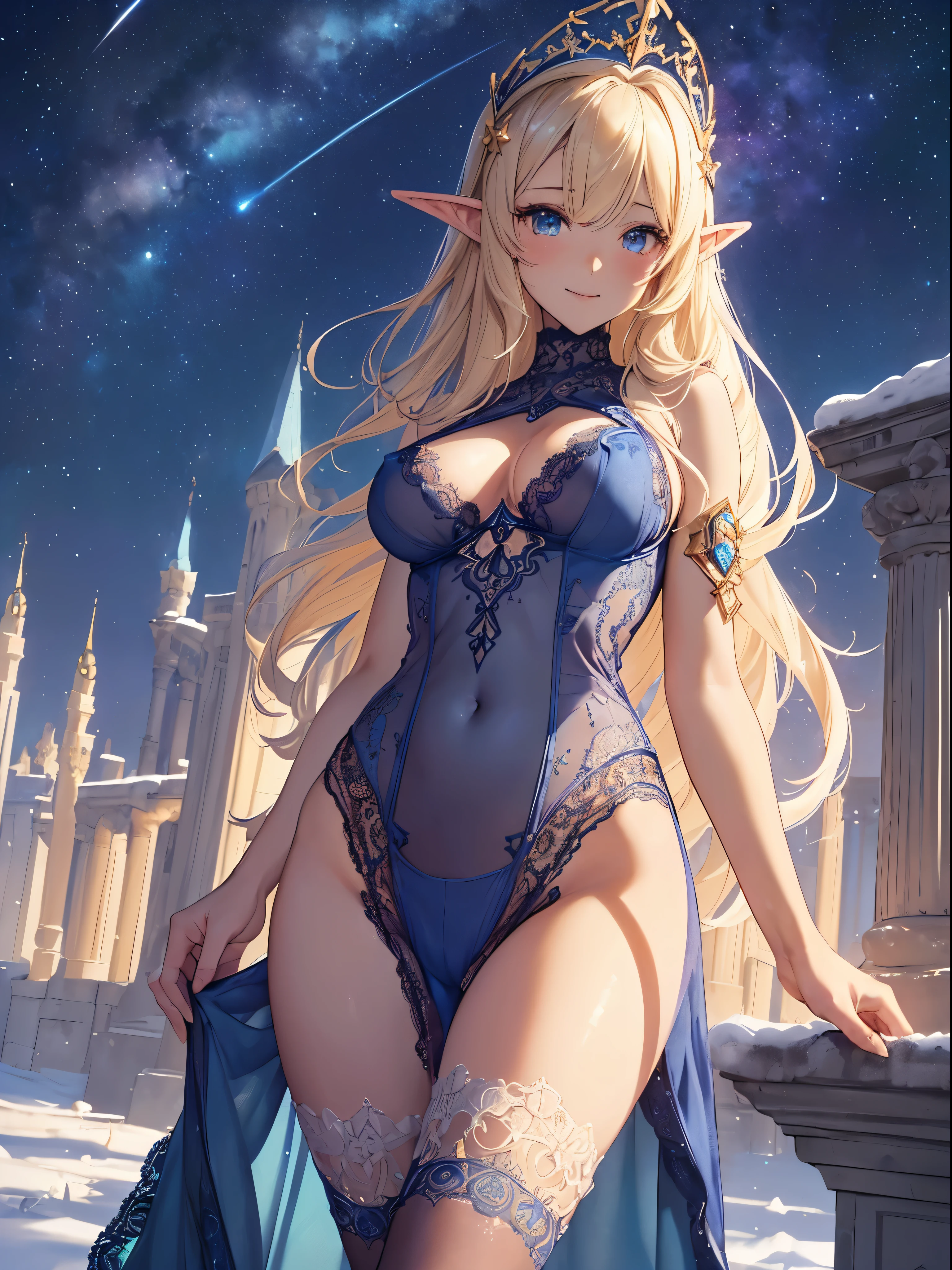 top-quality、Top image quality、Butターピース、Super beautiful elf beauty((24 year old、Best Bust、big bast、Bust 90,beautiful blue long ironed hair、a blond、globe、Sexy means、、A slender、a closeup、Esbian、beautiful tiara、hiquality、Beautiful Art、Background with((starrysky)))But、Superb Piece、visualart、depth of fields、low angle night sky、、Elven ears、、light magic、Space Knight、harp melody🎵、Happy smile、Gentle light、、Beautiful legs that are gentle on the skin、、、Number of fingers to achieve precise finger movements、ticker beautiful decoration、elegent、Mystical field under the flower garden、Marble pillars, beautiful dressy、Snowy landscape in winter、byzantine art、marble dome、art noveau、Temple of Time、Great watch、hour glass、sundial、NSFW.A Sexy1.3,巨大なglobe、Renaissance painting、Raphael's paintings、the golden ratio、Renaissance architecture Sexy,NSFW,nude、blue-sky、Sunnyday
(gorgeous body stockings:1.3), (intricate lace:1.4), (Watch thoroughly:1.5),