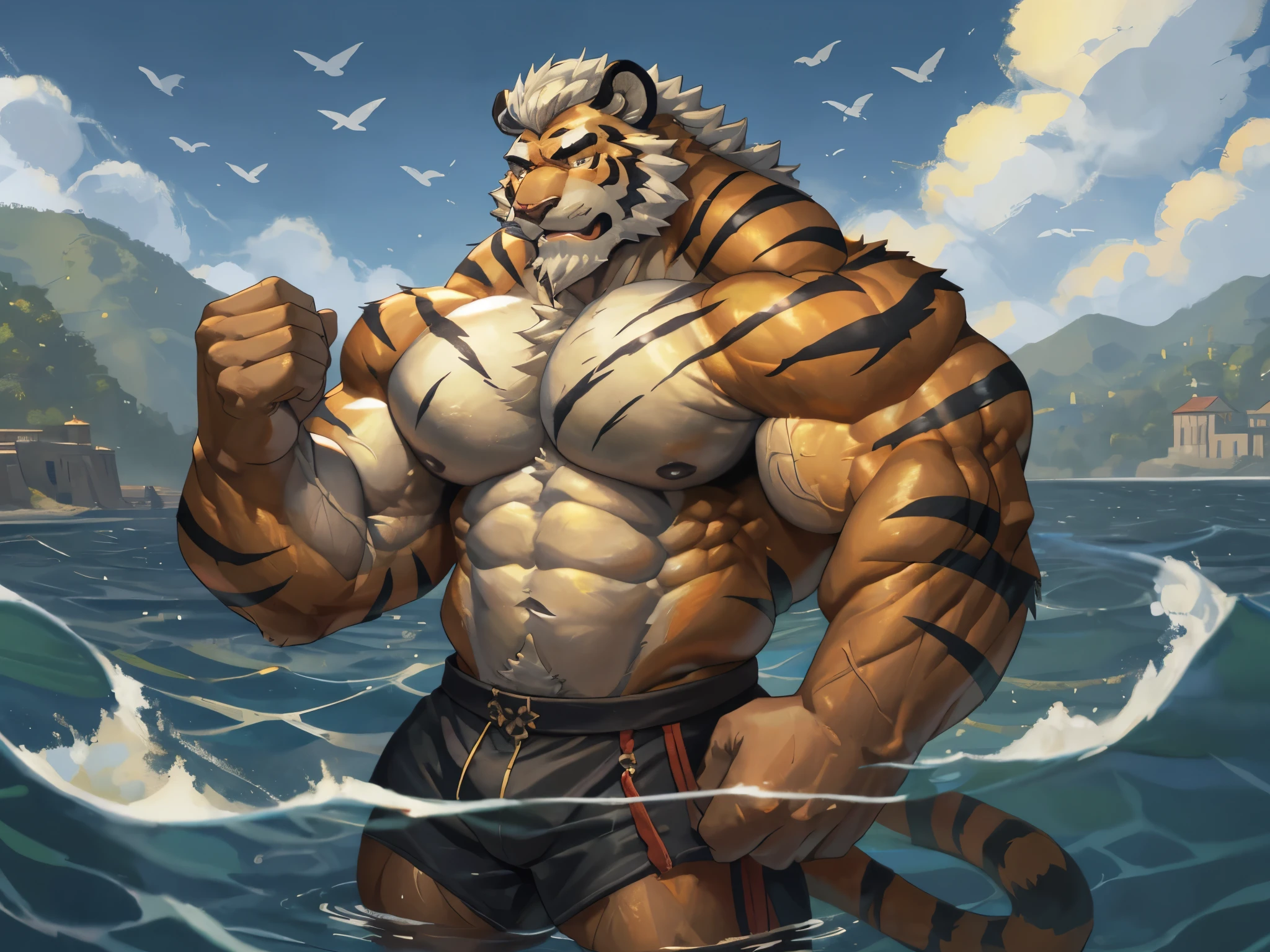 a huge muscular furry tiger old man swimming in sea, huge shoulder muscle , shirtless, muscle, strong man, huge muscle, short hair, bearded, white hair and beard, wrinkles skinned, strong muscle, strong and intimidated, masterpiece, muscular, commission for high res, male, fantasy art, very very beautiful art, art painting , painting art