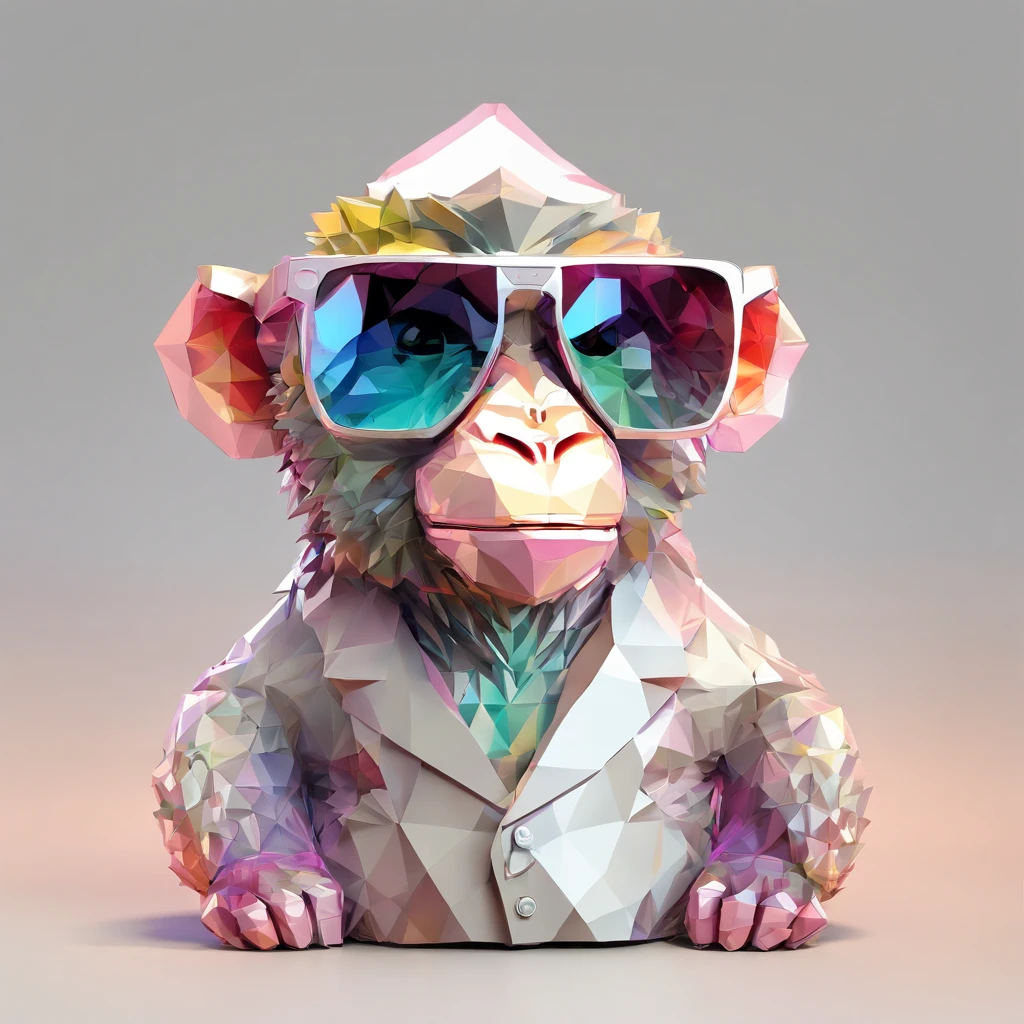 Perfect alignment, Cute little monkey in jacket,Crystal Vase,Rose flower, Wearing sunglasses, cheerfulness, Standing position, Abstract beauty, Centered, Looking at the camera, Facing the camera, Approaching perfection, Dynamic, Highly detailed, Smooth, Sharp Focus, 8K, hight resolution, Illustration, art by carne griffiths and wadim kashin, White background、Colorful Sunglasses、Wearing a baseball cap