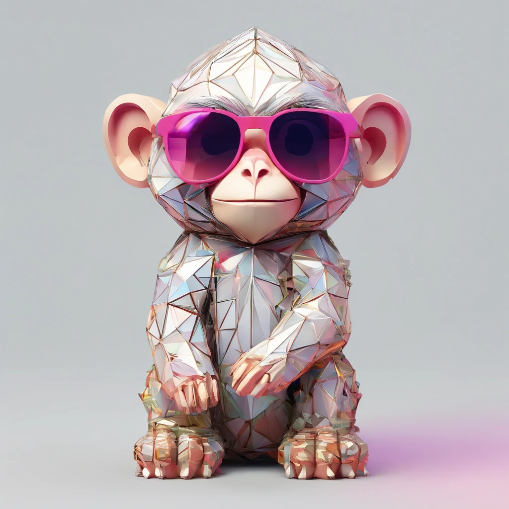 (Best Quality,8K,hight resolution,masutepiece:1.2),Ultra-detailed,(Realistic,photoRealistic,photo-Realistic:1.37), Cute little monkey in jacket, Crystal Vase, roses, Wearing sunglasses, Joyful, Standing Pose, Abstract aesthetics, centered composition, looks directly at camera, Facing the camera from the front, Almost perfect alignment, Dynamic, Highly detailed, Frankness, Sharp Focus, 8K解像, hight resolutionであり, Illustration, art by carne griffiths and wadim kashin, White background, Colorful Sunglasses