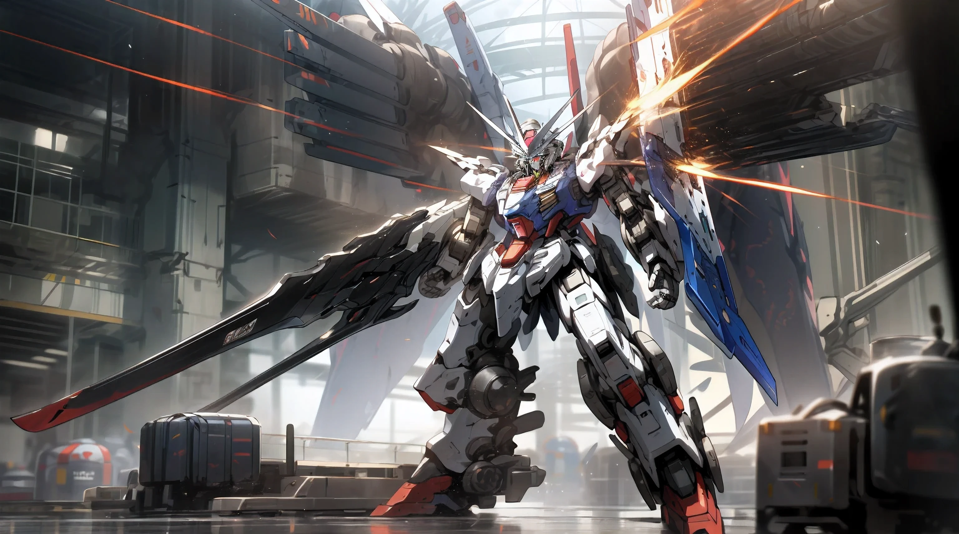 surrealism, Ray tracing, nffsw, high details, 8K, Best Quality, Textured skin, (1 ガンダムmechs), mechs dragon, masutepiece, Best Quality, mechs, unmanned, (Full body), (白いmechs: 1.5), (Axisymmetry: 1.4), (nffsw), (Movie Light: 1.1), White eyes, Cool, Science fiction, fire, Laser cannon beam, war, conflict, (a drogon mechs behind gundam mechs in background) , (Have a huge arsenal: 1.5), Holds an oversized shield, mechs men, vector