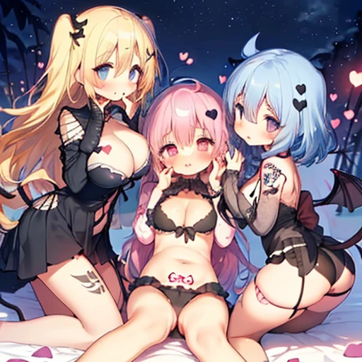 Details、ultra-detailliert、masterpiece、top-quality、Beautiful fece、A detailed eye、 (3 women:1.4)、Three Succubus(symmetrical succubus wings)、(triplets:1.2)、(Night time)、、(bow ribbon:1.1)、(Two-side-up)neck tie、bra very、耳环、()、Shady face、(dark backgrounds)、malicious smile、Bruises and ugly facial features、Young features、(、long-sleeve、(fluffy sleeves fluffy hair、(Open your mouth and laugh)、、l、Chiquita、Colossal tits、Colossal tits、(Put your hand on your face)、、Ruffled uniforms、hair clips、(Ridicule:1.1)、looking-down、Angle from behind、respected by women、(upward looking gaze:1.2)、超Colossal tits、(hearts symbol:1.5)、(Mass of heart:1.5)、(Heart Effect:1.5)、(heart mark:1.5)、demon tail、Devil's Tail、Succubus、(超Colossal tits:1.3)、Colossal tits、(Tattoo of the heart:1.dare、Devil's Tail、Boob Matching ,Girl Sandwich face sandwich(confused and blushing、Small Girl、kawaii facepose your ahegao) Bury your face in cleavage top and bottom sandwich Sullen expression Women's bed I'm lying down Complete capture by turning your hands behind your back internal predation