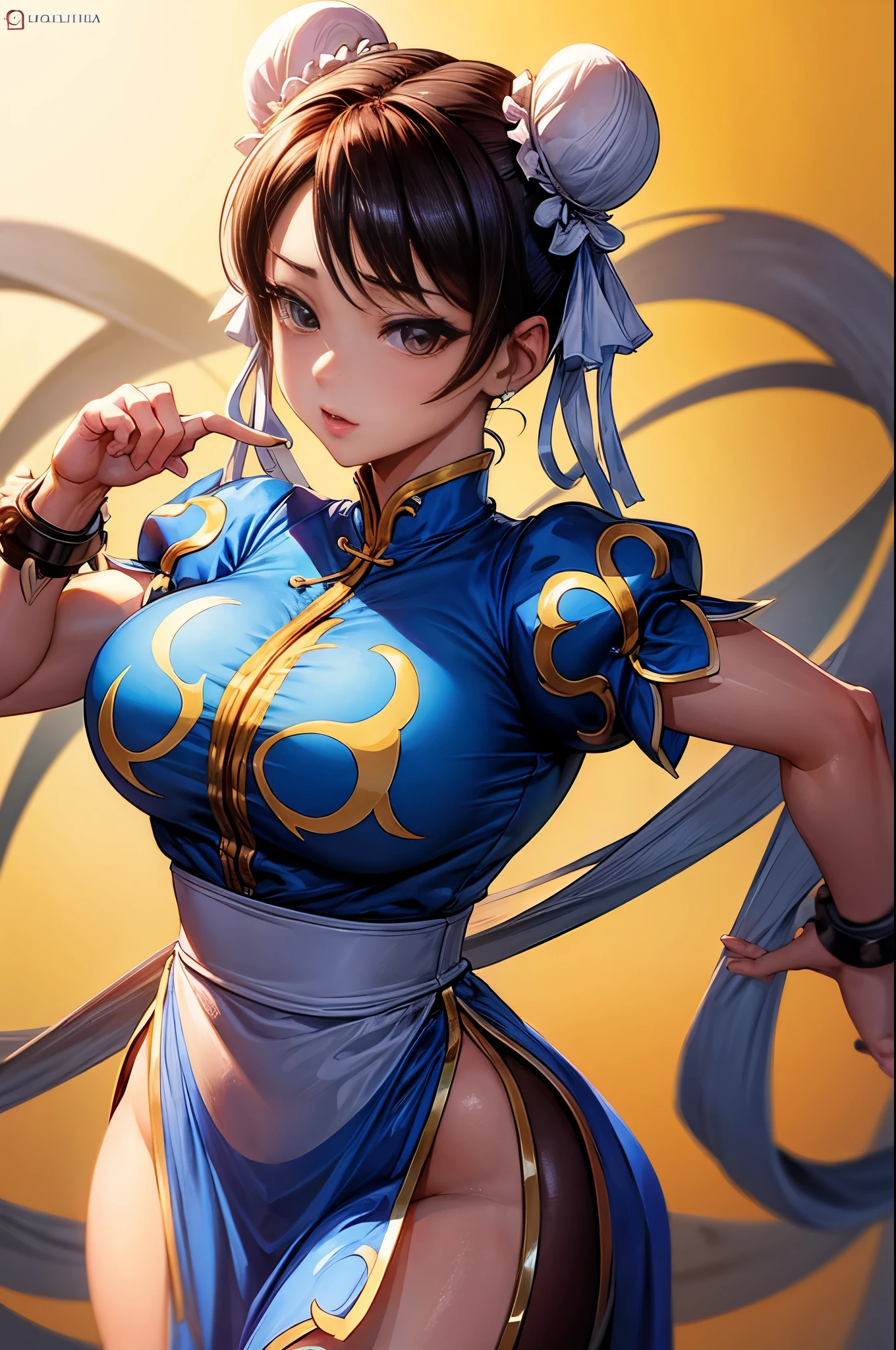 Una chica, Chun Li, voluptuosa, muslos grandes, pezones duros, cejas gruesas, grande trasero, grande cintura, grandes senos, muy feliz, oficinista con ropa corta, sexy, obra maestra,