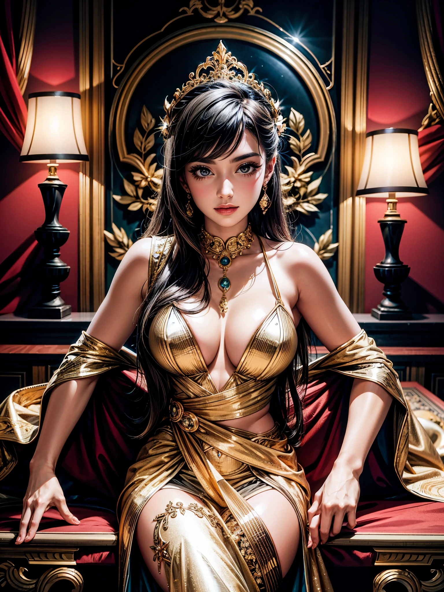 Masterpiece with a beautiful 30-year-old woman representing the sign of Gemini, in a luxurious environment of the year 200 . | The scene is richly detailed in 10K ultra high definition, with the woman sitting in a room opulently decorated with gold on the table. Dynamic lighting and intense shadows, combined with the dramatic pose and realistic style, provide a cinematic quality. | Bulma's integration, in a realistic photo style, highlights the magic of the moment, while the use of magical lighting intensifies the atmosphere. The scene evokes the richness and elegance of the past, offering an authentic representation of the period. | Engaloming portrait of a 30-year-old twin woman in a luxurious setting of the year 200 , with intricate details in 10K Ultra High Definition. | {The camera is positioned to capture an intense shot, highlighting the woman's dynamic pose with dynamic lighting and shadowull_body)), ((gemini_woman):1), ((luxury_room:1), ((magic_light):1), More_Detail.