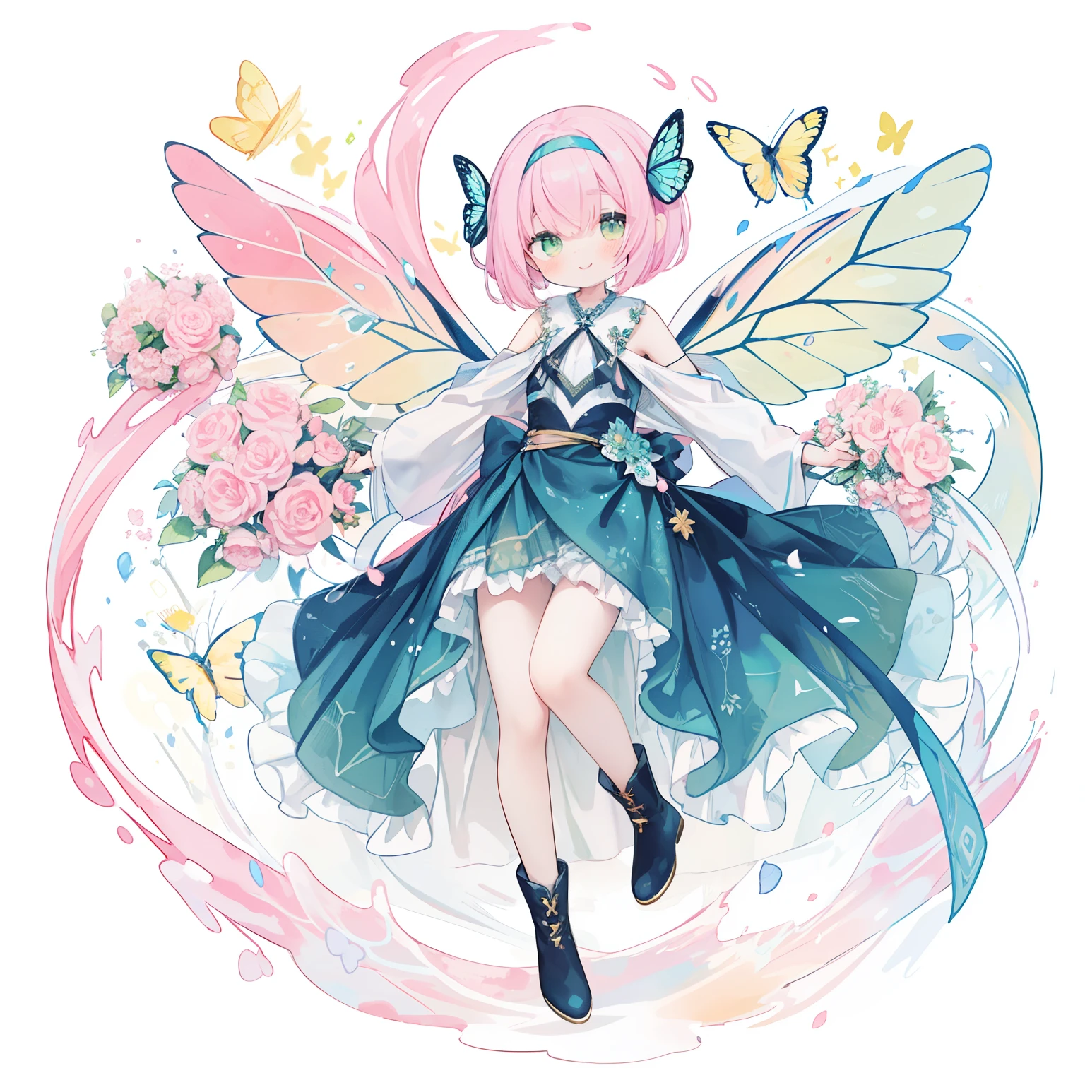 1girl in:1.8,(Cute illustration:1.3)、(watercolor paiting:1.1)、hologram star ocean background、jumpping、levitation、A smile、Hanging eyes、Aster Harmony Garden Sprite,((A pink-haired、a pixie cut、Dark green eyes、Close one eye and smile))、(Purple Headband:1.9)、(wrap a yellow scarf around your neck:1.9)、(Ultramarine long gloves:1.9)、((Wears oversized green butterfly wings。。。。。:1.8))、
Playful ruffles and layers create a whimsical touch,
Narrow your waist to create a beautiful silhouette,
Lace-up boots with ribbon ties,
Moist makeup with pastel eyeshadow,
Add glitter and petal accents to the cheeks,
、 ,Thick wool gown:0.5